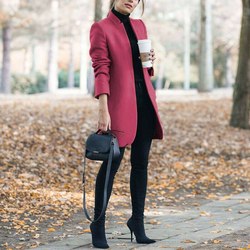 Long woolen coat (Amazon) fitted stand‑collar demi‑season, lightweight, multiple sizes