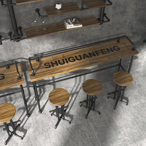 Creative water pipe solid wood table and chair set industrial style small bar counter bar counter milk tea shop wall-mounted high-leg narrow table