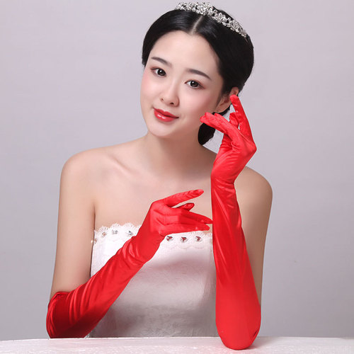 Extra-long elbow-length satin stretch gloves, double-row seams, beaded denim satin, sunscreen, scar-covering sleeves, bridal wedding gloves