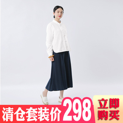 素麻棉立領開衫套裝闊腿褲