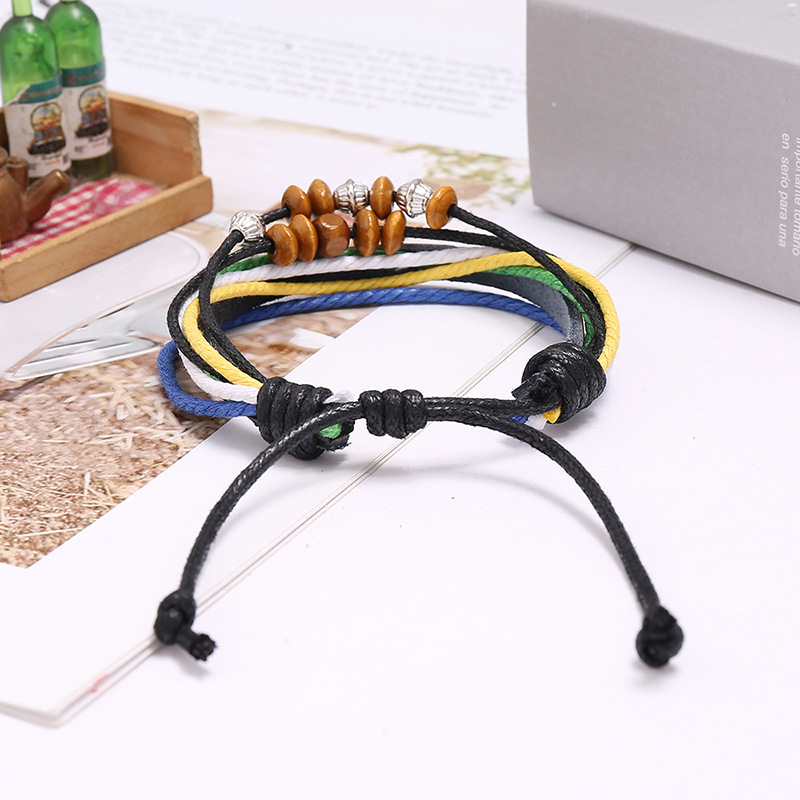 Hot Sell Beaded Leather Bracelet Hand Woven Multilayer Hemp Rope Wooden Bead Bracelet wholesale niha