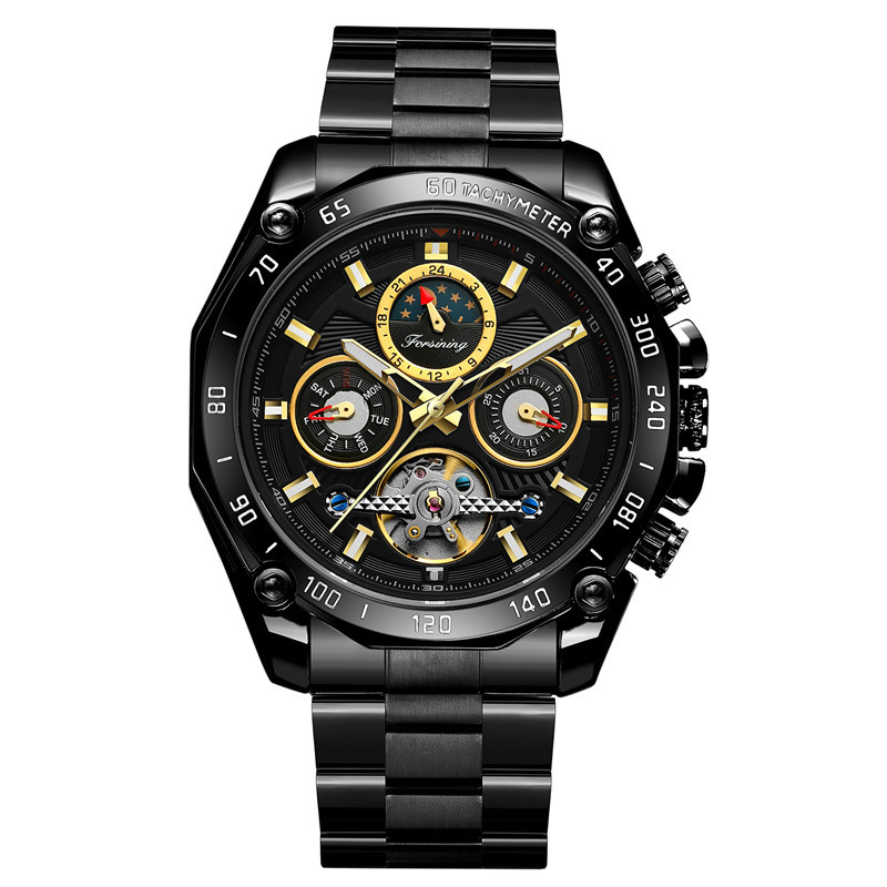 FORSINING hombres de negocios correa de acero reloj mecánico automático multifunción reloj de seis pines Placa de reloj mecánico 6913