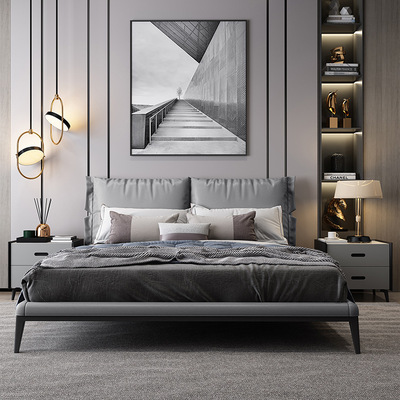 现代简约真皮床1.8m双人床家用主卧软包婚床真皮实木床床头柜佛山|ru