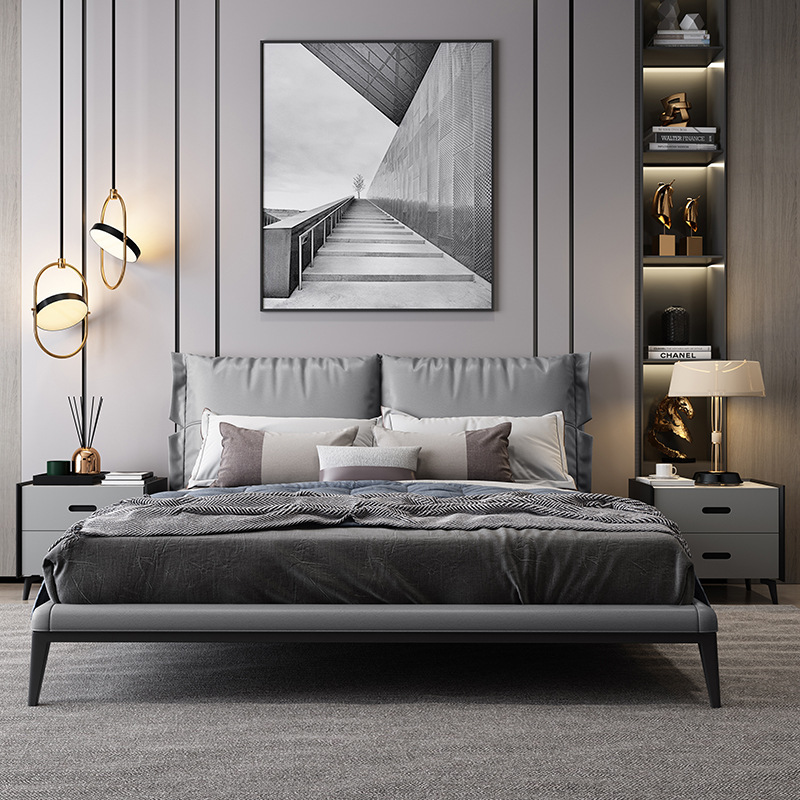 现代简约真皮床1.8m双人床家用主卧软包婚床真皮实木床床头柜佛山|ru