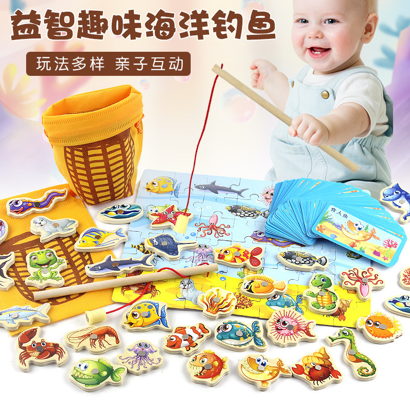 Night market hot sale new wooden early education puzzle multi-functional ocean cognitive arithmetic stick wooden magnetic fishing toys