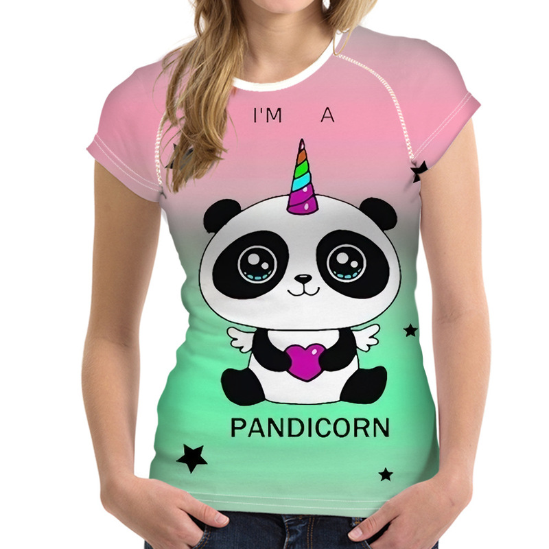 Cartoon Panda Unicorn Summer Casual Sports Round Neck Loose Women Short Sleeve Custom Wholesale T-Shirt Top New