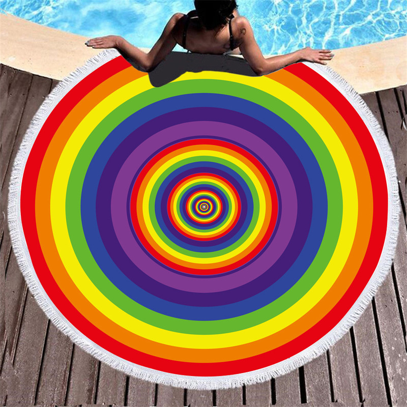Ring target Gem digital printing microfiber round beach towel with tassel wholesale to map custom