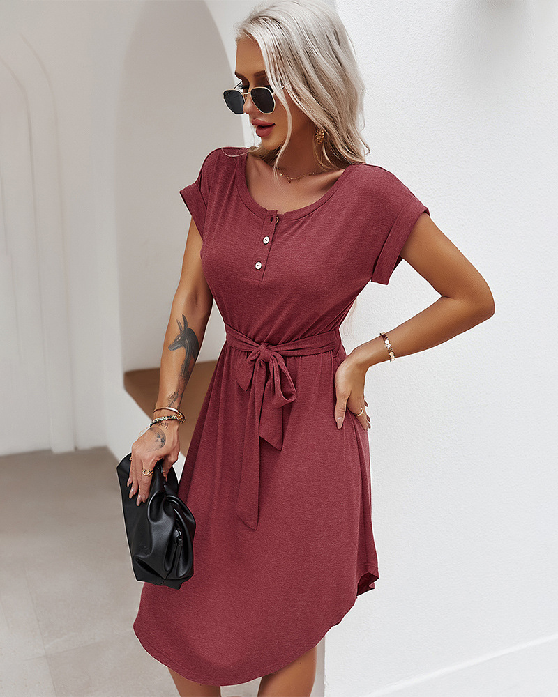 Pure Color Short Sleeve Knit Casual Dress  NSDY26439