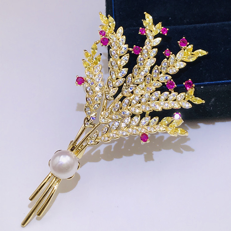 New Luxury Jewelry Inlaid Zircon Wheat Ear Brooch Pins for Women Fashion Natural Pearl Dress Corsage Pin Festive Party Dress Accessories Brooches for Wedding