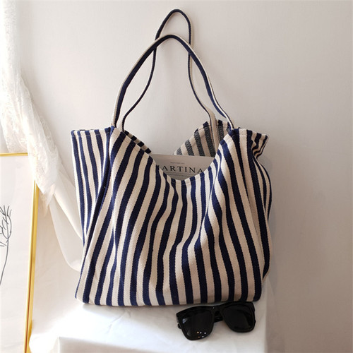 Korean style retro literary handbag, simple small fresh striped canvas bag, versatile casual large capacity shoulder bag for women