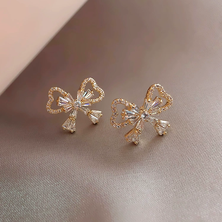 Серебряная игла, серьги с бантом, маленький цирконий, серебро 925 образец, усыпанный бриллиантами, интернет-знаменитость