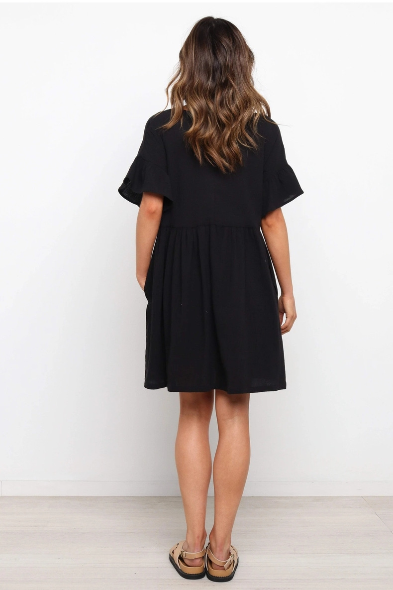 ruffled solid color round neck short-sleeved dress Nihaostyles wholesale clothing vendor NSJRM72230