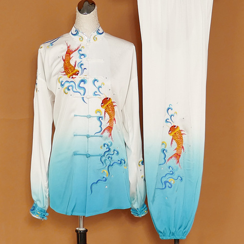 Tai chi clothing chinese kung fu uniforms Blue and white transition embroidered Taifu embroidered fish Taigong costume for men and women Taiquan performance Costume
