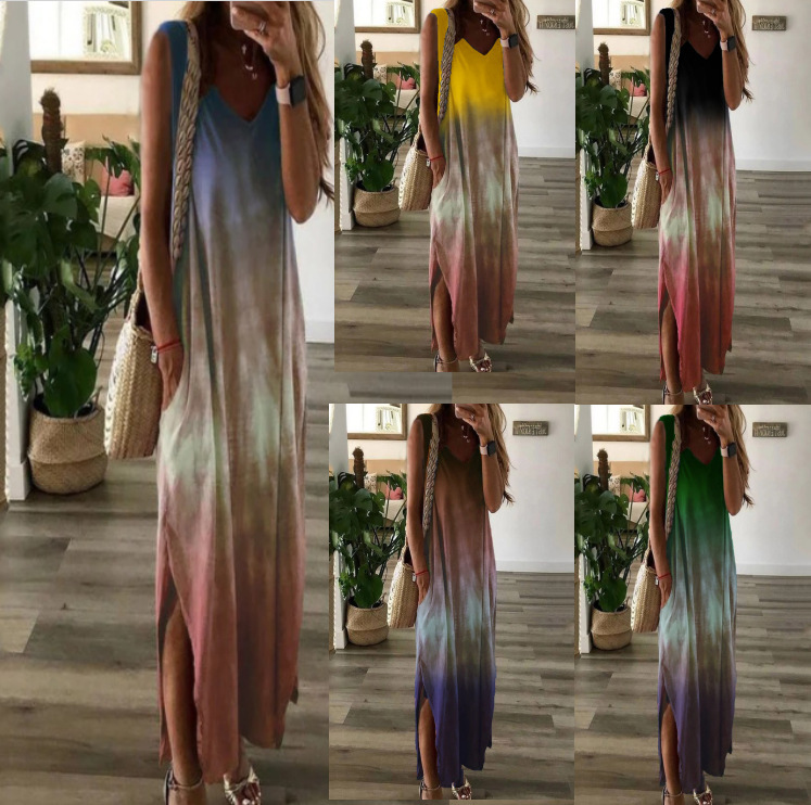 2023 Summer Cross-Border Wish Popular Women's European and American V Neck Amazon Gradient Tie-Dye Printed Sleeveless Long Dress