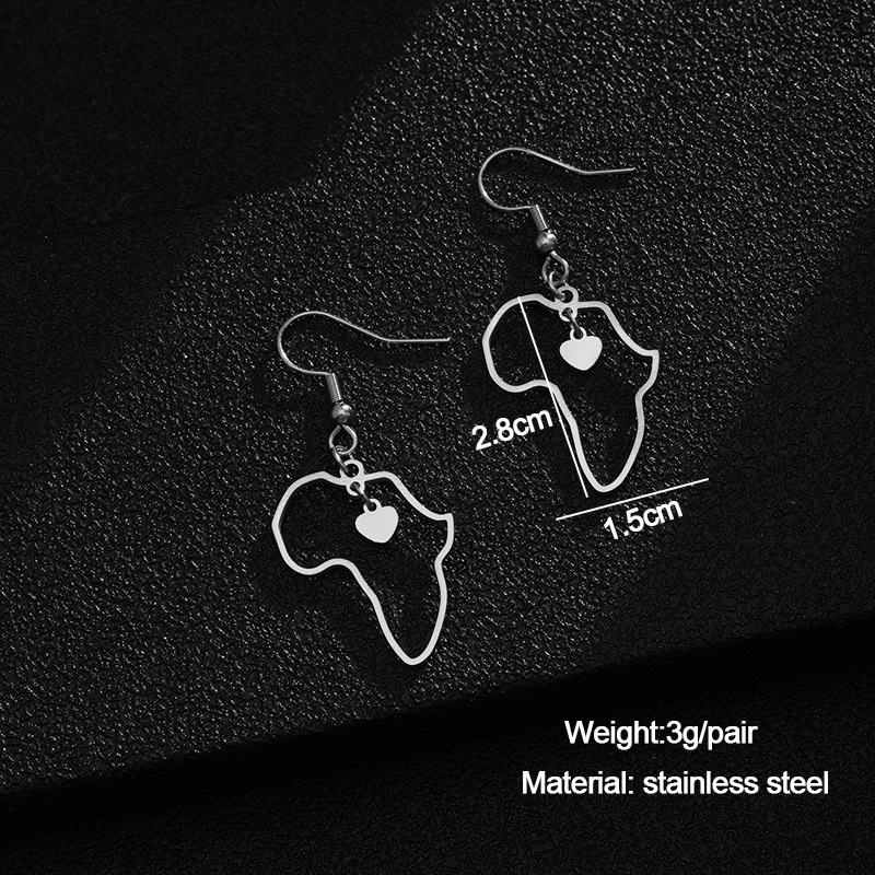 Fashion Africa Map Hip Hop Pendant Stainless Steel Necklace Earrings Two-Piece Set