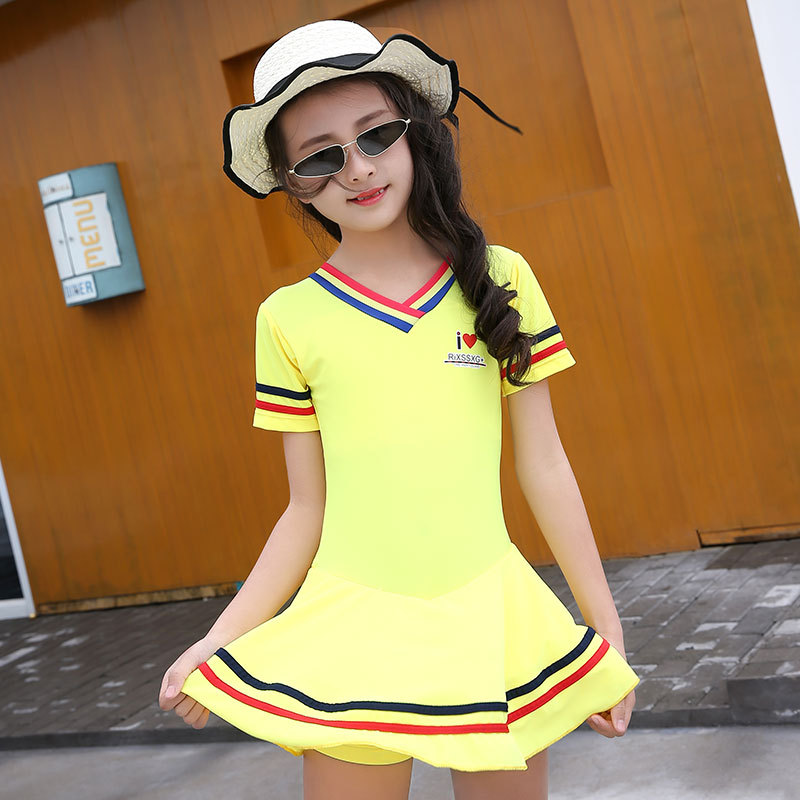 Traje de baño para niñas medio y grande niños estudiante Niña 8-14 años niños lindos deportes falda de manga corta buena tela traje de baño