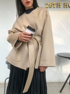 韩国新款毛呢子外套简约短款小个子双面羊绒外套圆领休闲羊毛外套