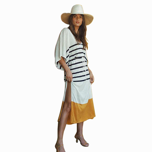 European and American stripe spring and summer V-neck bat sleeve stripe dress