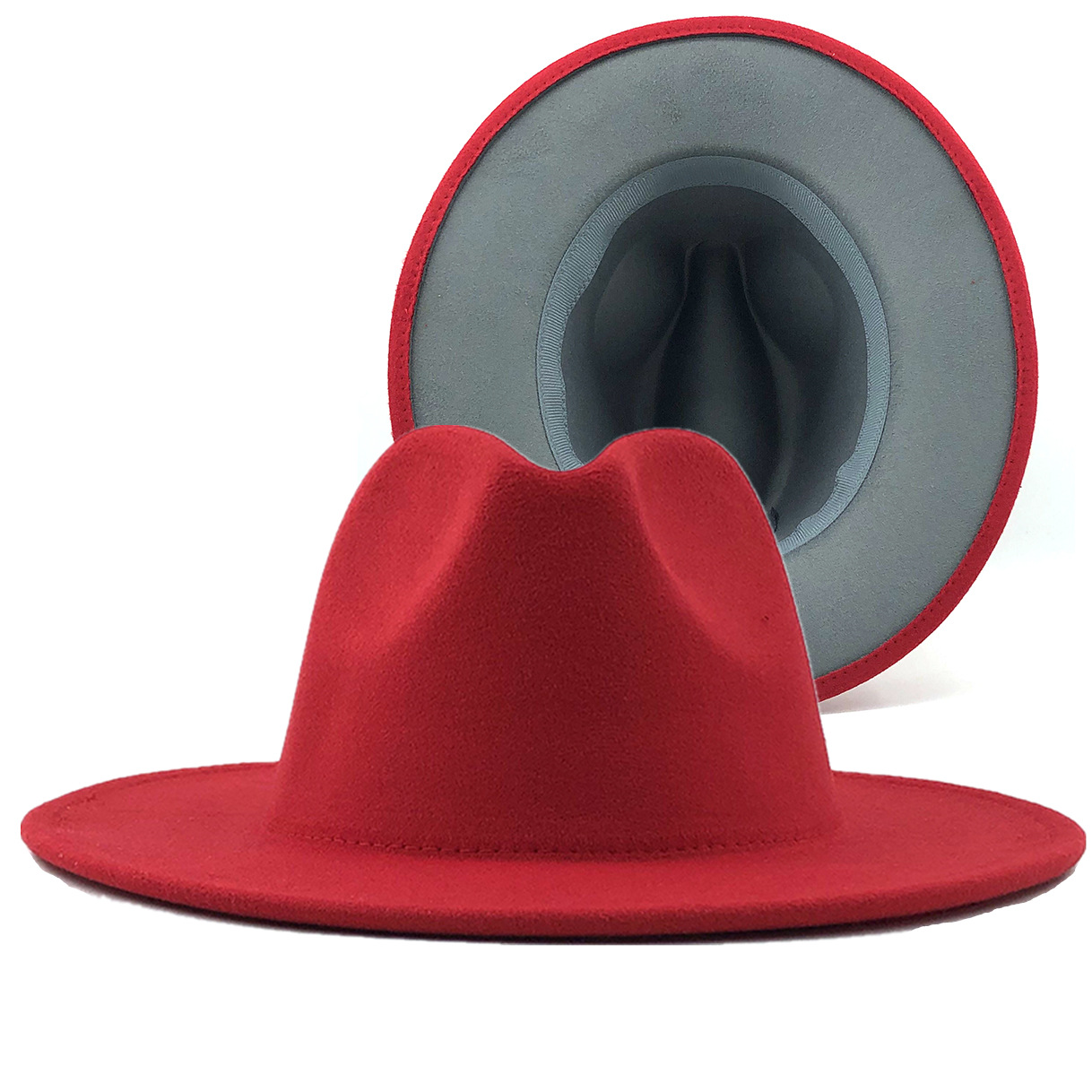 Sombrero De Jazz De Ala Plana Para Mujer De Fieltro Con Bloqueo De Color De Doble Cara Con Parte Superior De Lana Retro display picture 6