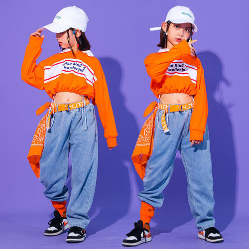 Oranage with white plaid Rapper singer jazz dance costumes for girls boys Hip hip go go dancers street dance outfits  for kids 