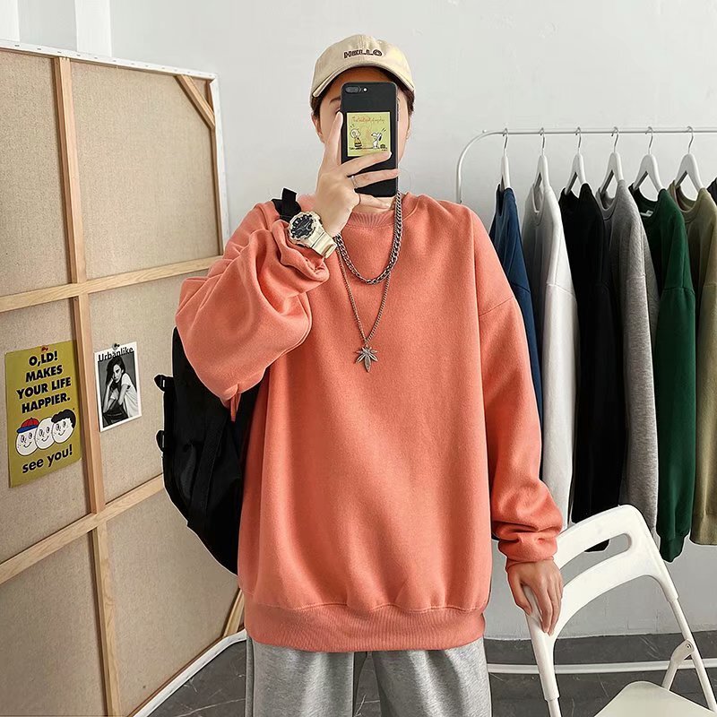 Hong Kong Style Artistic Men's Ins-Style Round-Neck Sweatshirt, Solid Color Top for Men, Autumn and Winter Couple's Versatile Trendy Brand Loose Fit