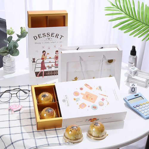 6-piece lattice egg yolk pastry packaging box, hot stamping and color printing, thickened gold cardboard gift box, hand-painted moon cake pastry drawer box