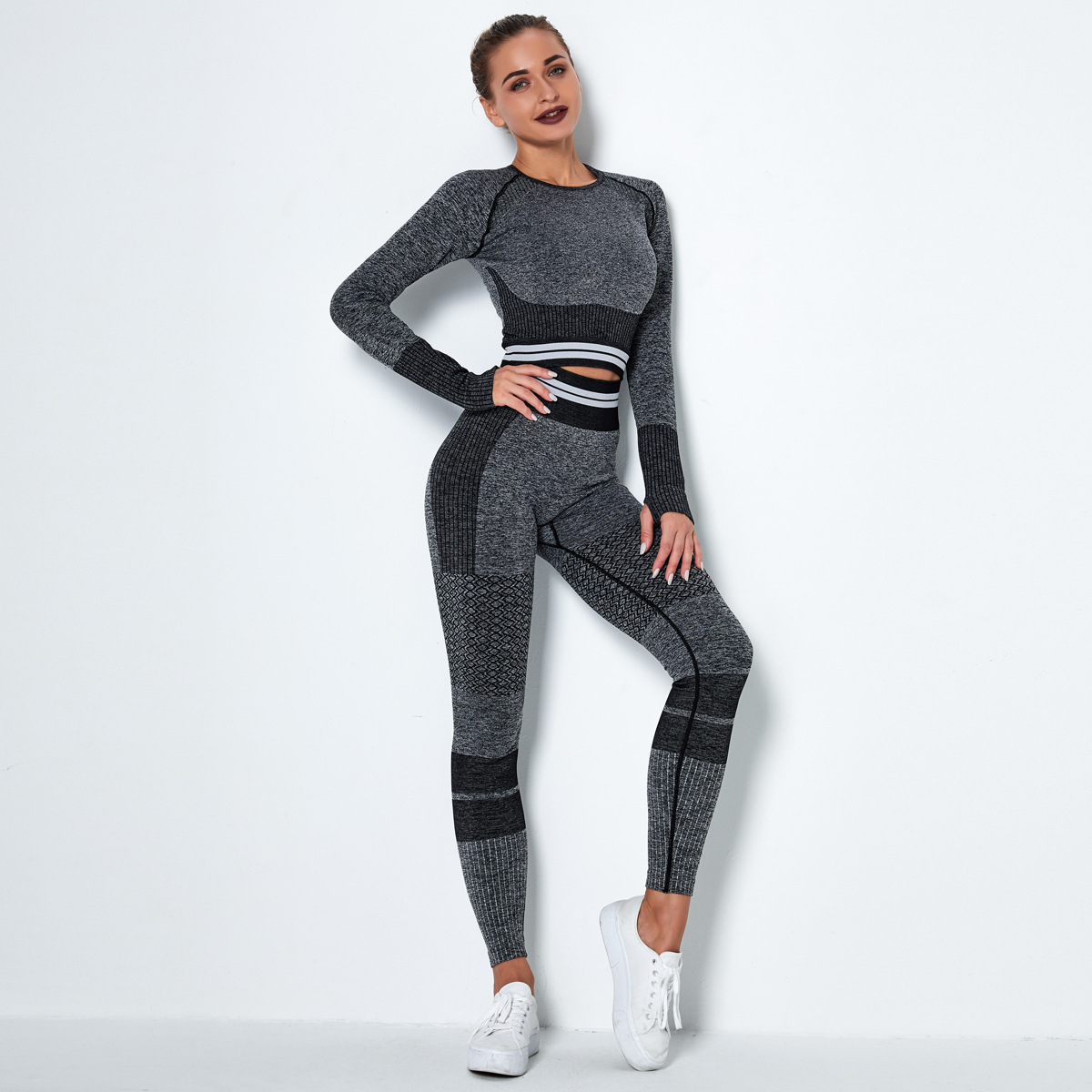 seamless knitted quick-drying hip-fitting tight stretch striped fitness four-piece suit  NSLX8988