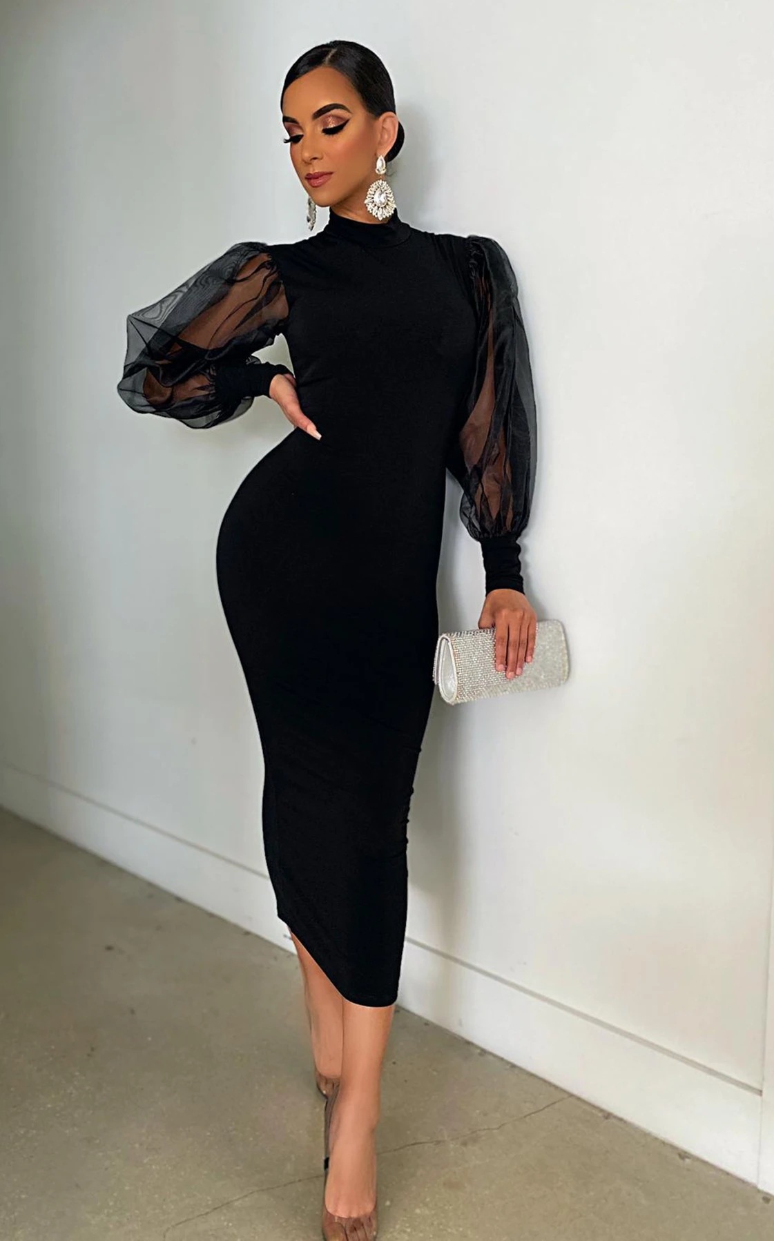 open lace back dress Black Satin Long Sleeve Formal Evening Dress
