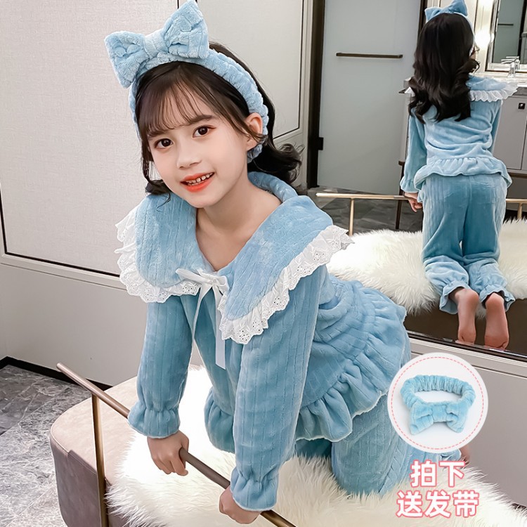 女童加厚家居服2020冬季新款童装儿童韩版花边睡衣法兰绒两件套