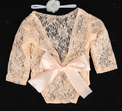 Newborn Photography Lace Dress with Bow Ties, Lace Dress with Hair Ties, Two-Piece Set Photo Prop