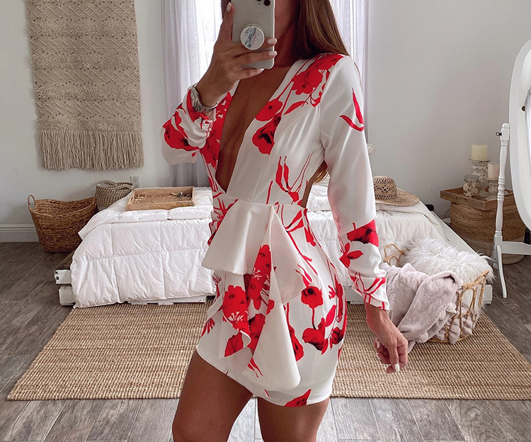 floral printing deep V-neck long-sleeved slim dress NSYHC136159