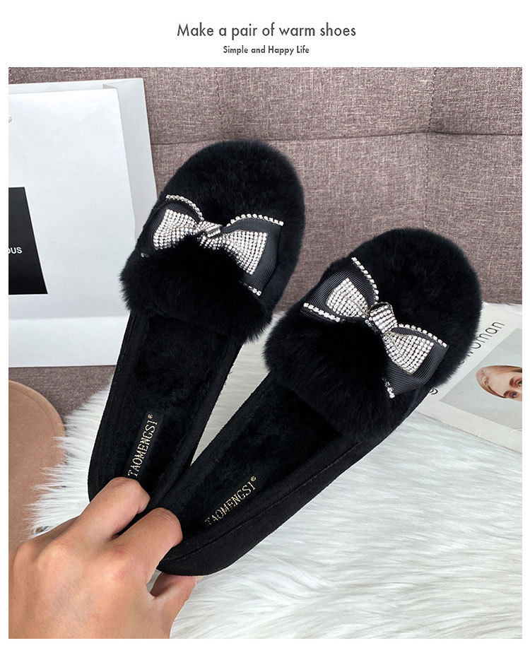 Giày lười nữ đế bệt lông thỏ trang trí nơ, giữ ấm — Màu xám, Màu đen chi tiết 19