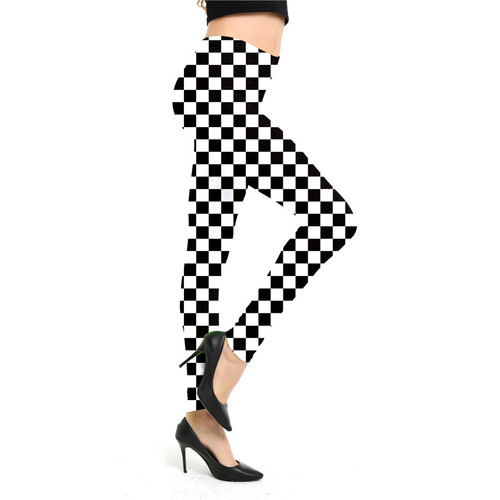 9257 European and American classic fashion striped checkered print leggings elastic sports nine-quarter pants