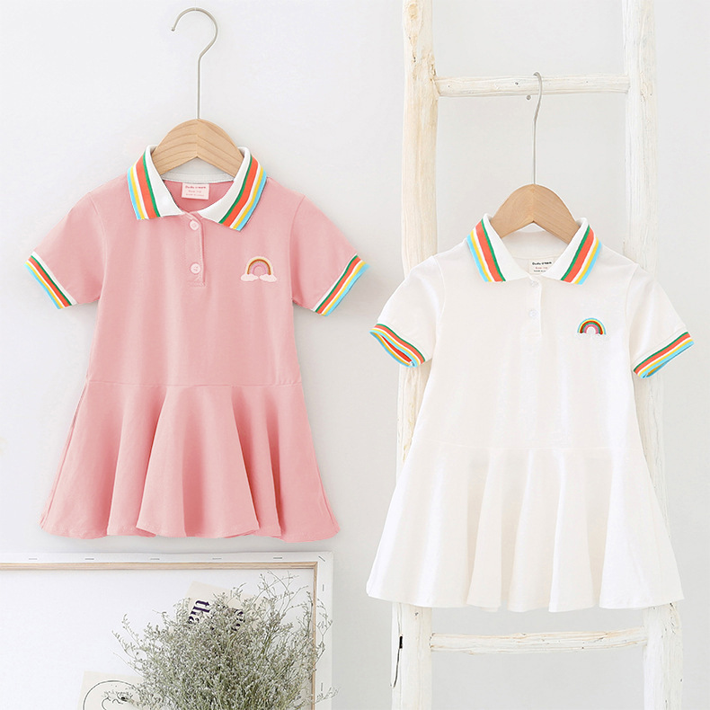 2020年童装夏季新款女童polo衫连衣裙棉奥戴尔彩虹+刺绣短袖童裙