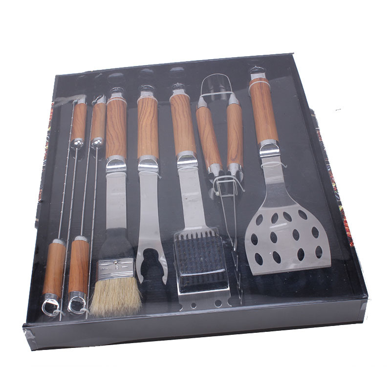 Directo de fábrica barbacoa parrilla mango de plástico parrilla 9 piezas de cartón conjunto de acero inoxidable utensilios de barbacoa al aire libre