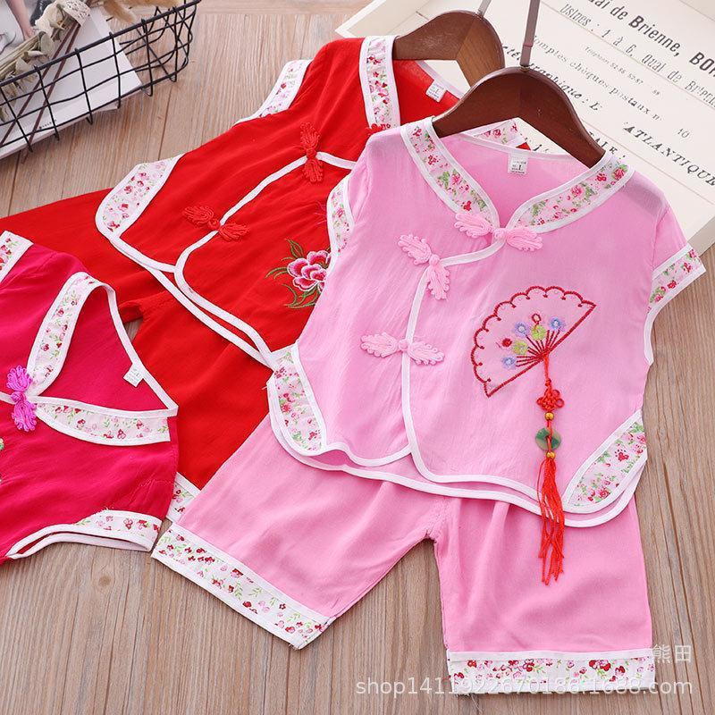 2020 Female baby The age of Tang costume Infants Air conditioning service girl Short sleeved Cotton silk suit One hundred days full dress Pink
