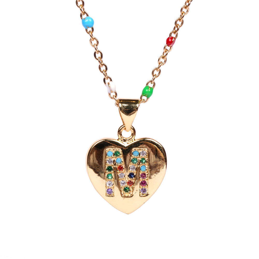26 letters colorful zircon heart-shaped pendant necklace wholesale
