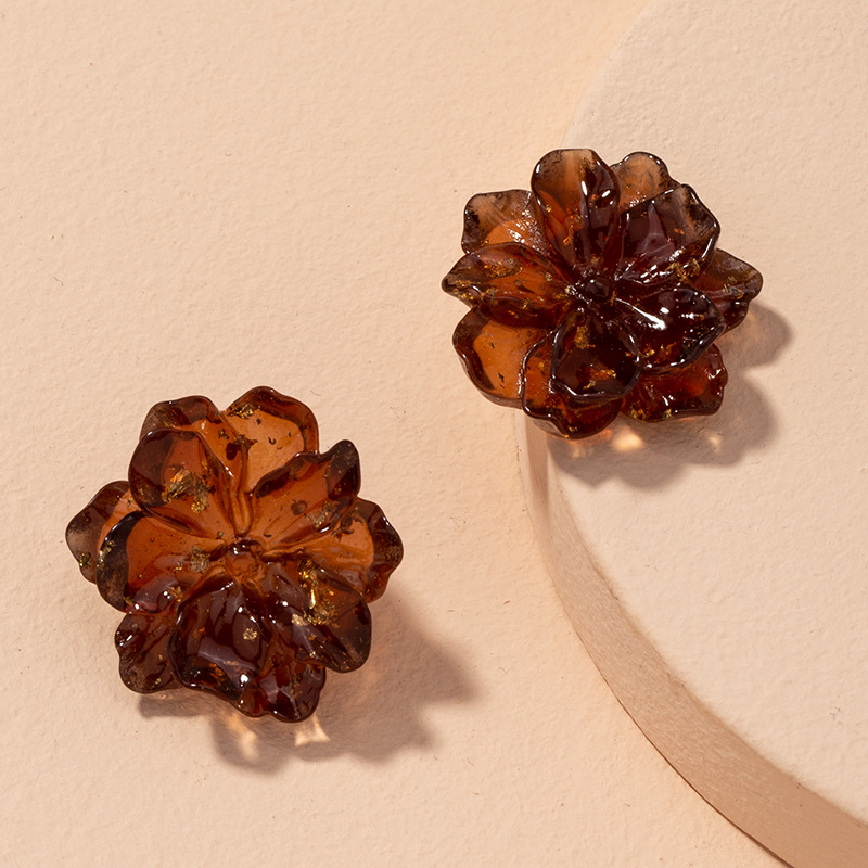 Transparent Resin Gold Leaf Rose Flower Earrings display picture 4