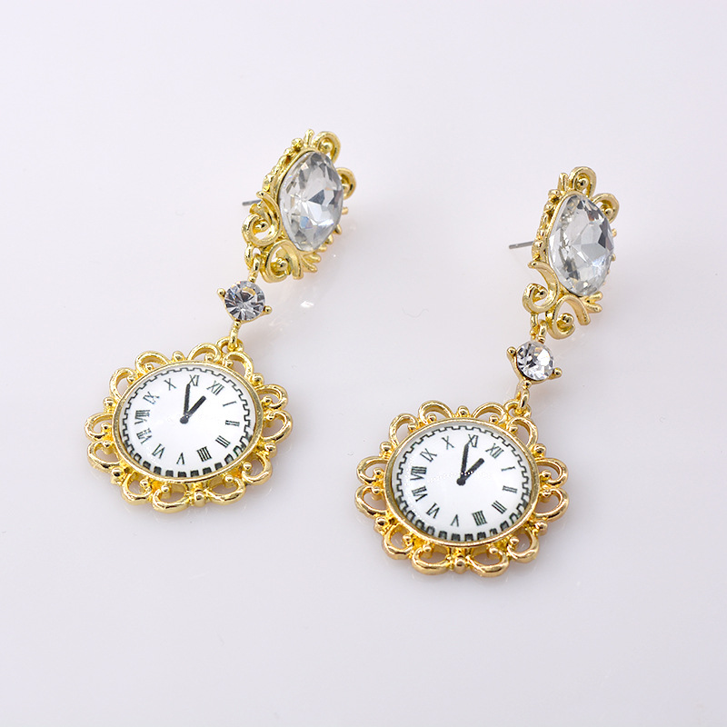 New Wave Personality Wild Retro Antique Clock Time Earrings Rhinestone Pendant Earrings Nihaojewelry Wholesale display picture 5