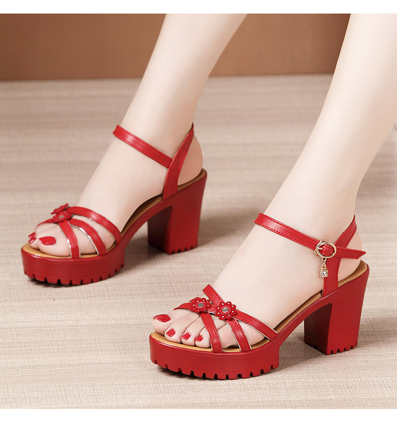 Sandal cao gót nữ quai ngang đế xuồng chống nước hở mũi gót 8 cm — Màu đỏ 8cm, trắng 8cm, đen 8cm chi tiết 13
