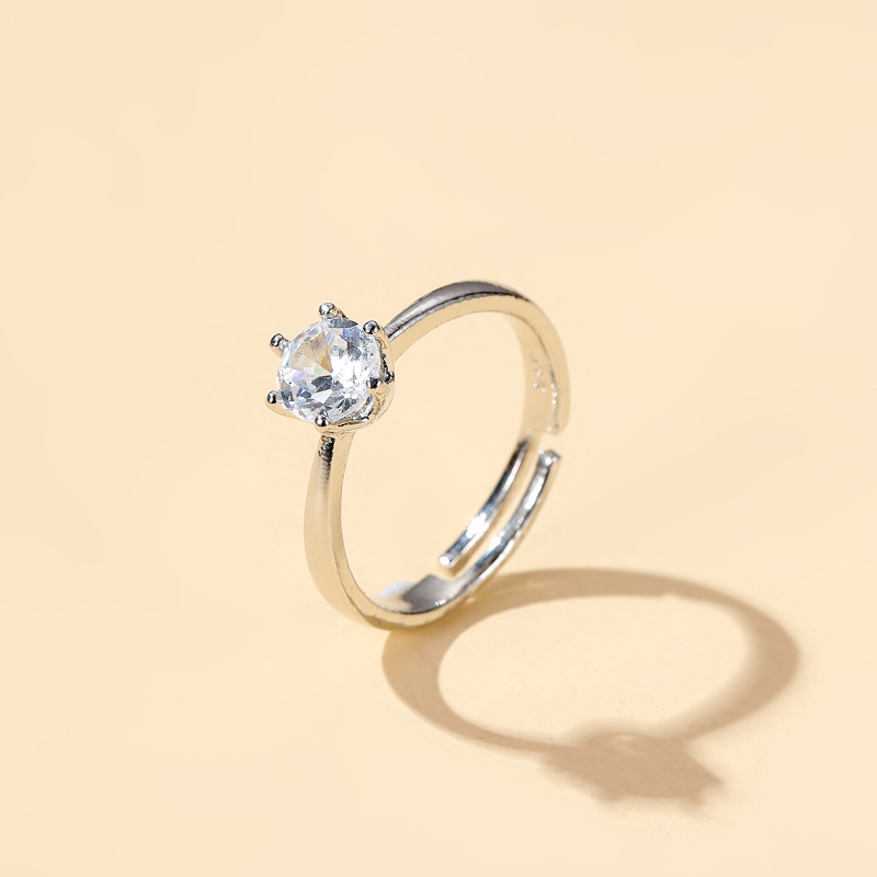 Bague Ouverte Incrustée De Six Griffes, Couronne Classique, Couple De Diamants De Mode Simple display picture 2