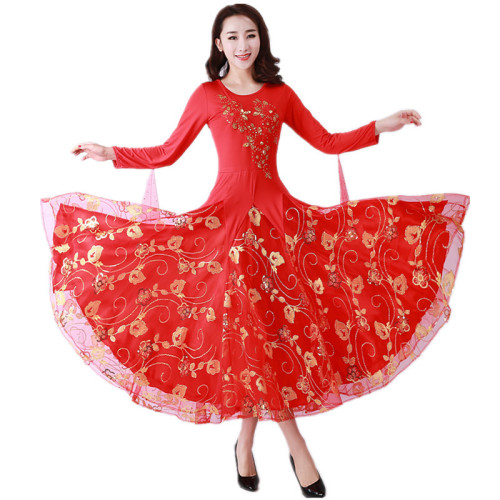 Women Girls Red with gold flowers Ballroom Waltz Dancing Dresses Tango Foxtrot Smooth dance long Rhythm Dance Skirts