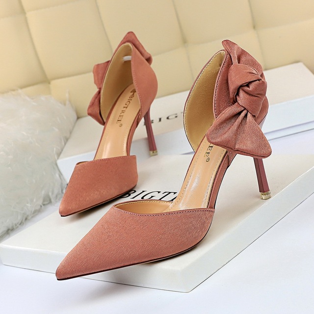 Korean fashion Stiletto High Heel suede hollow shallow mouth sexy thin pointed bow hollow sandals