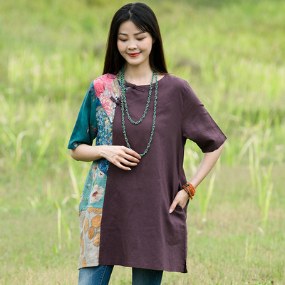 Cotton Women 2020 summer new pattern jacket Ethnic style Mosaic Short sleeved shirt literature Retro tradition shirt