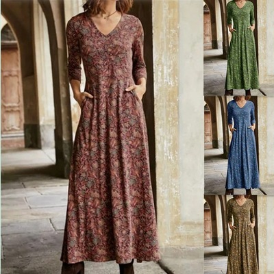 2020亚马逊秋季欧美爆款棉质印花V领口袋长袖连衣裙女长裙|ru