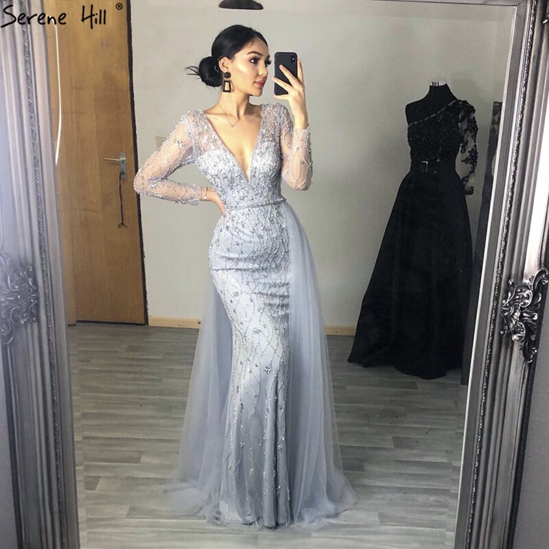 Cross-border long-sleeved V-neck fishtail slim evening dress heavy-duty beaded noble atmosphere host bridesmaid dress LA70341