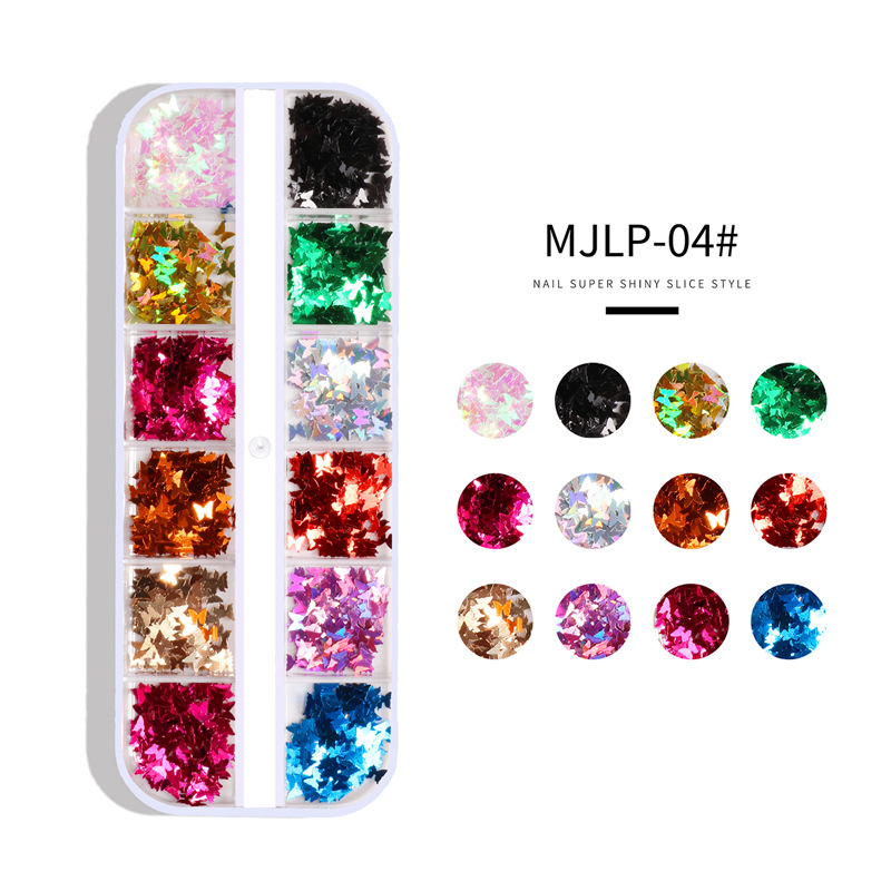 Amazon Venta caliente uñas mariposa lentejuelas 12-rejilla larga caja ultrafina láser uñas lentejuelas de forma especial