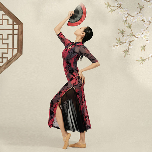 Mesh-improved qipao Hanfu classical dance practice dress for women, Eastern dance printed qipao classical dance practice dress for women skirt