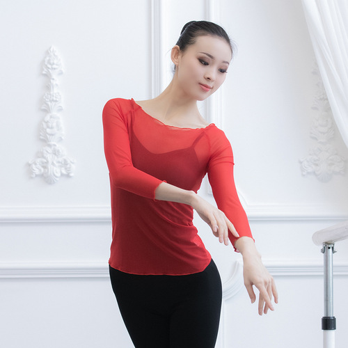 One-Character Elastic Mesh Top with Long Sleeves, Ballet Dance Training Dress for Adults, Figure Skirt for Women, Classical Dance Outerwear