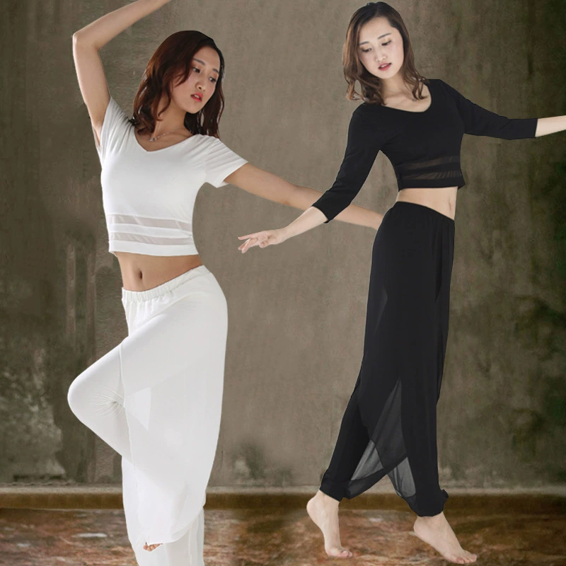 Новый летний костюм для йоги, Женский Белый приталенный сетчатый короткий модальный хлопковый костюм для танцевальных выступлений со средним рукавом, стройнящий